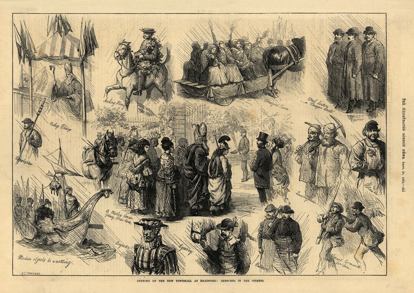 Bradford new town hall. Sketches in the streets. Yorkshire 1873 old print